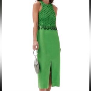 $475 NWT Ganni Smocked Satin Maxi Dress Classic Green 36 Tea Length